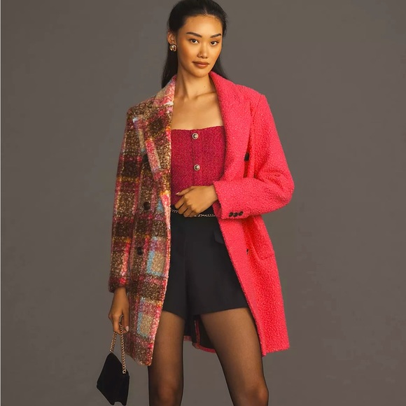 Anthropologie NVLT Plaid Houndstooth Fuchsia Pink Pea Coat Jacket XS 0 2 💖 - Picture 10 of 13